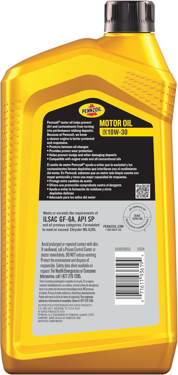 Pennzoil Motor Oil 10W-30 Motor Oil, 1 Quart