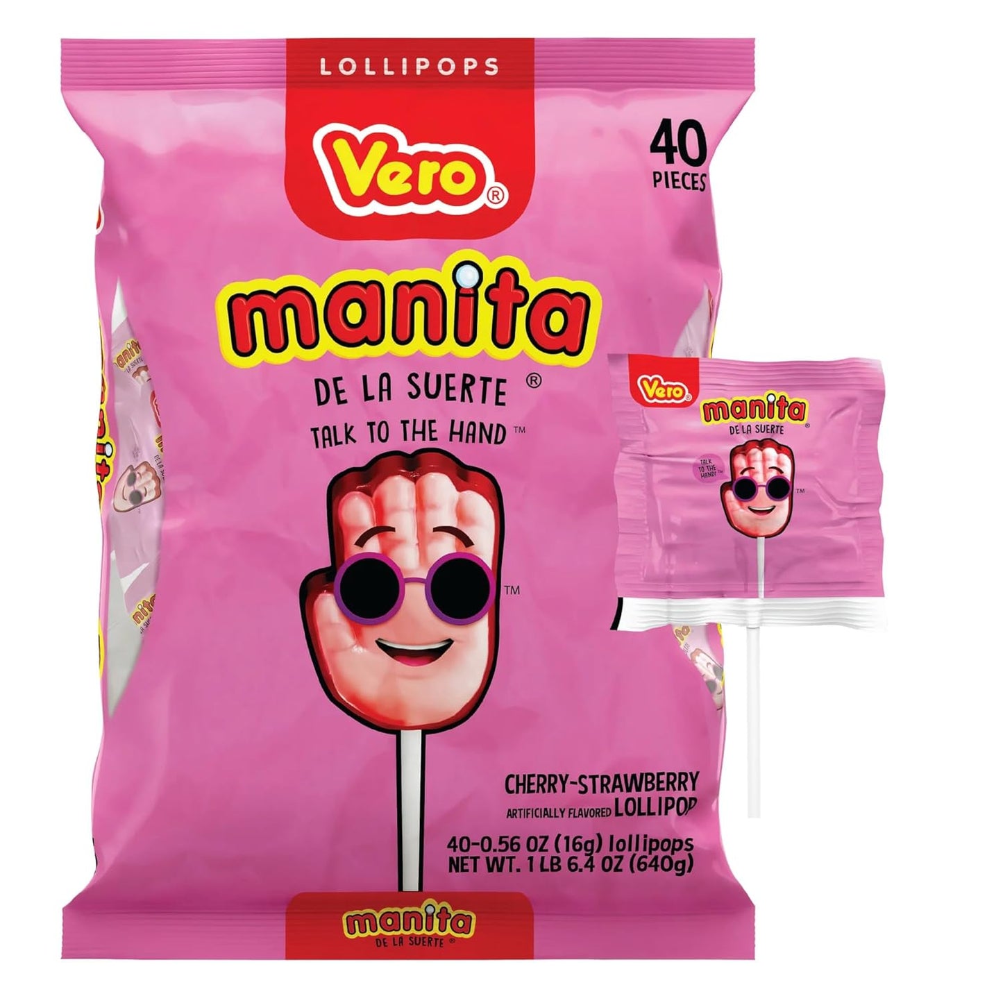 Vero Manita De La Suerte Lollipops - Cherry & Strawberry Flavored | 40 Count