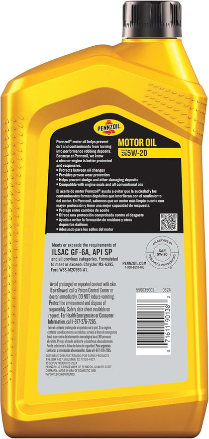 Pennzoil Motor Oil 5W-20 Motor Oil, 1 Quart (6 Pack)