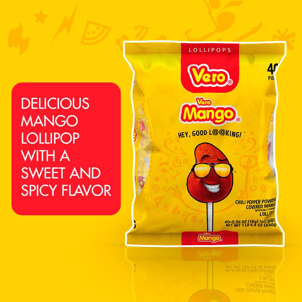 Vero Mango Flavored Lollipops Covered in Chili Powder 40 Count Bag (Net Wt. 22.4 Ounces) - Individually Wrapped Mexican Candy for Piñatas, Halloween, and More