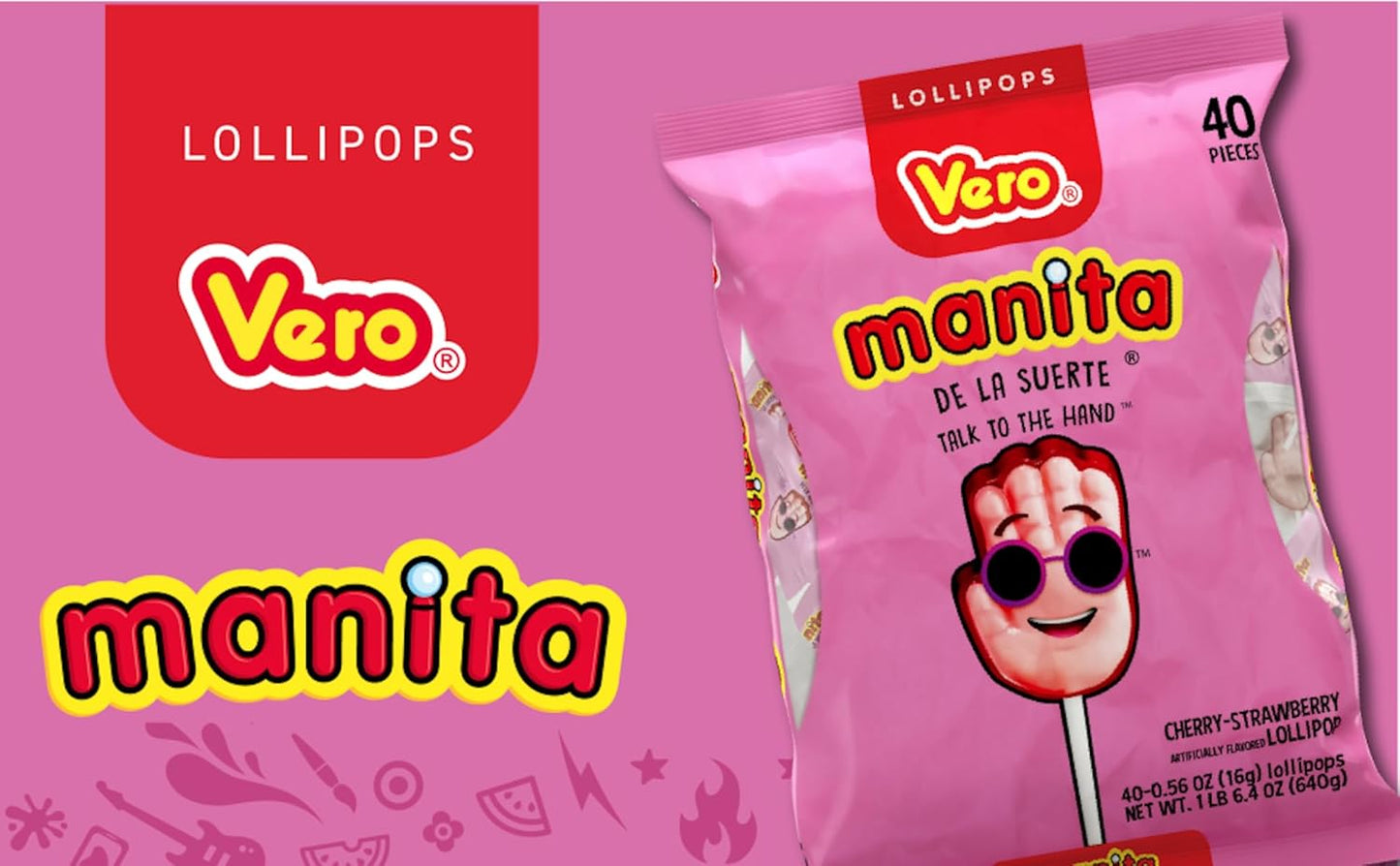 Vero Manita De La Suerte Lollipops - Cherry & Strawberry Flavored | 40 Count