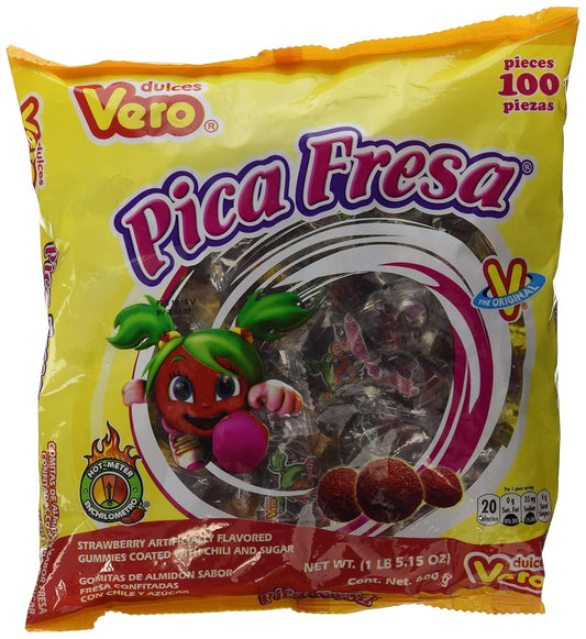 Dulces Vero Pica Fresa Chili Strawberry Flavor Gummy Mexican Candy, 100Piece, 1 LB, 5.15 OZ, Clear - PACK OF 3