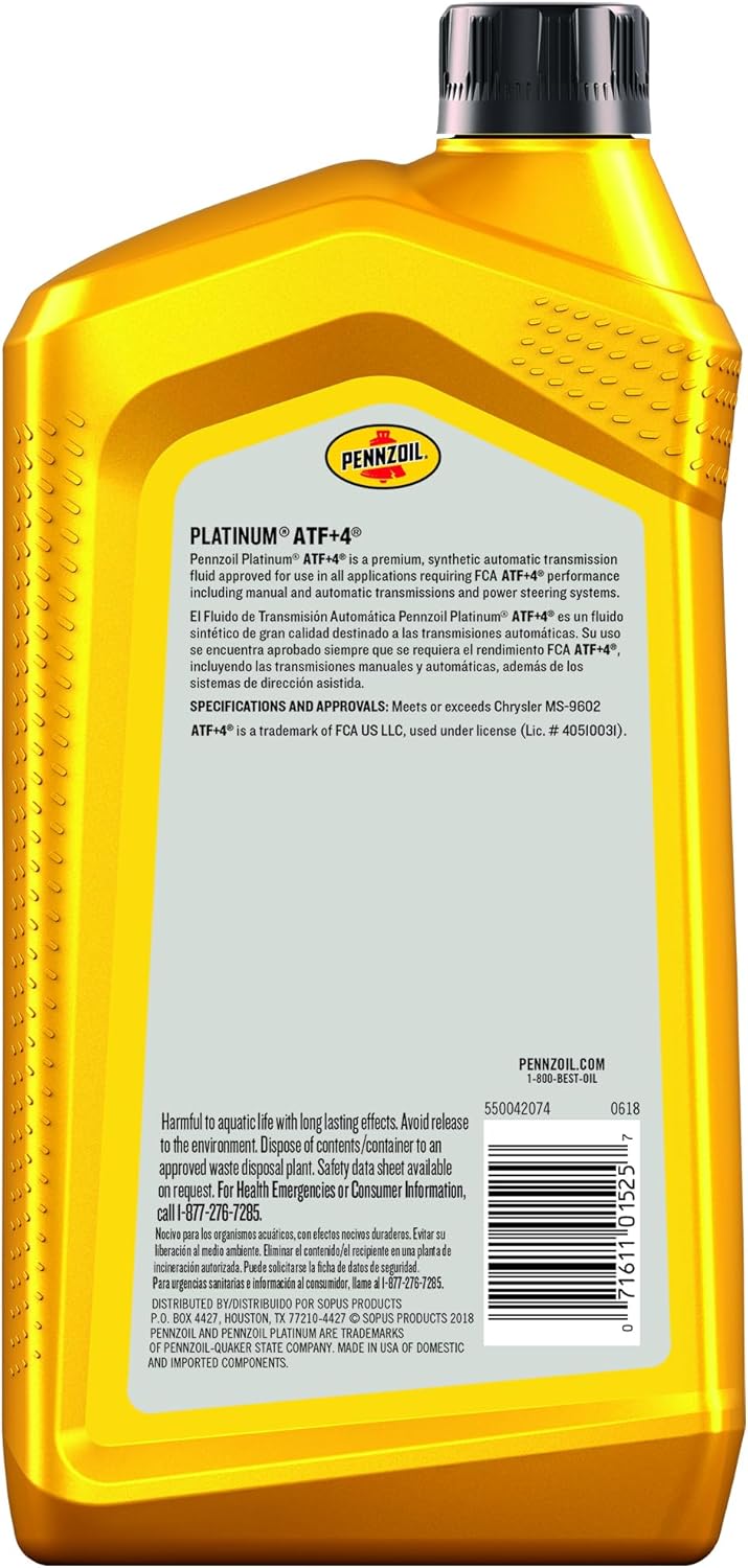 Pennzoil 550042074-6PK Platinum ATF + 4 (Chrysler MS-9602) - 1 Quart (Pack of 6)