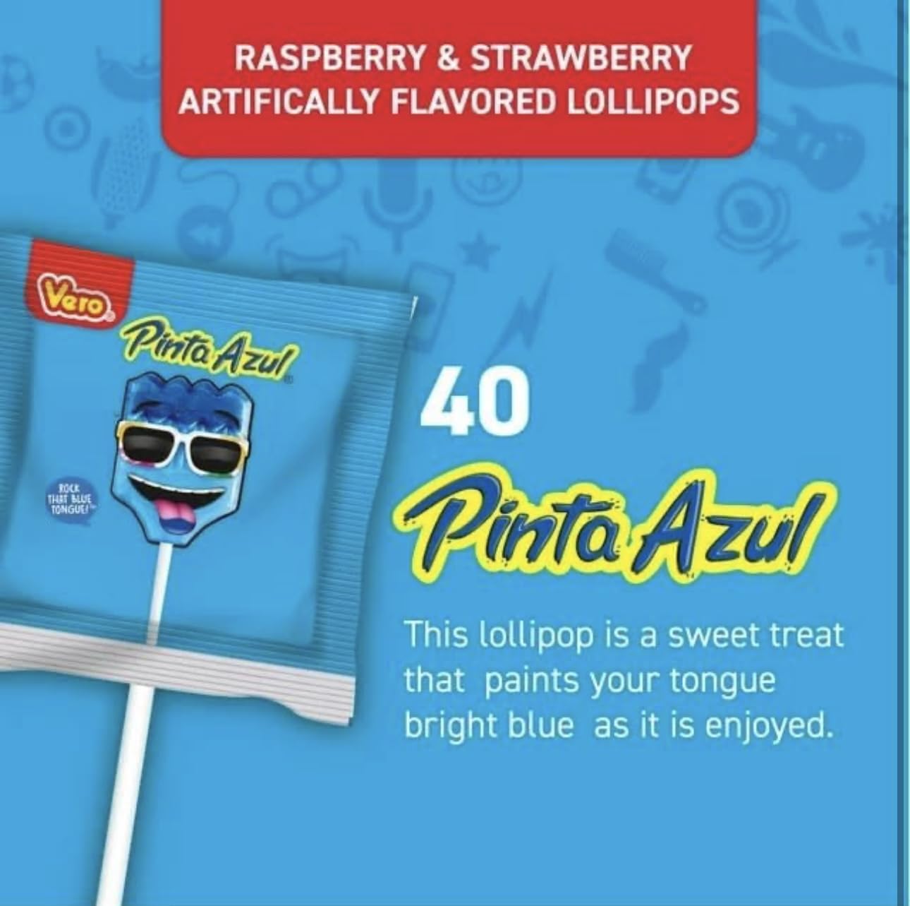 Vero Pinta Azul Strawberry Raspberry Candy Lollipops 40 Count Bag