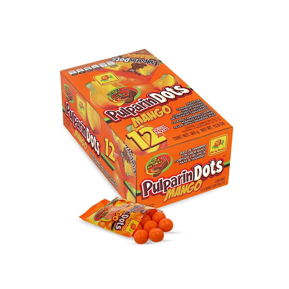 De La Rosa Pulparindots Hot Mango Flavor, 12 Packets, 10 Pcs EA. Authentic Mexican Candy