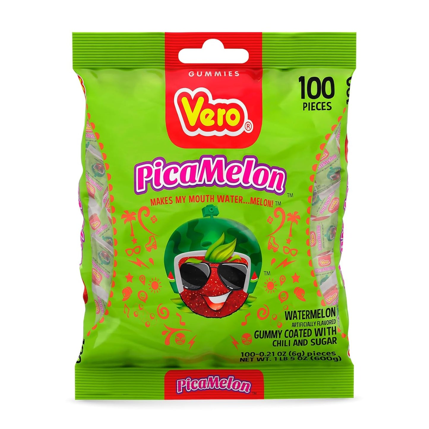 Dulces Vero Vero Pica Sandia Chili Watermelon Flavor Gummy Mexican Candy,100 Pieces,1 LB,5.15 OZ