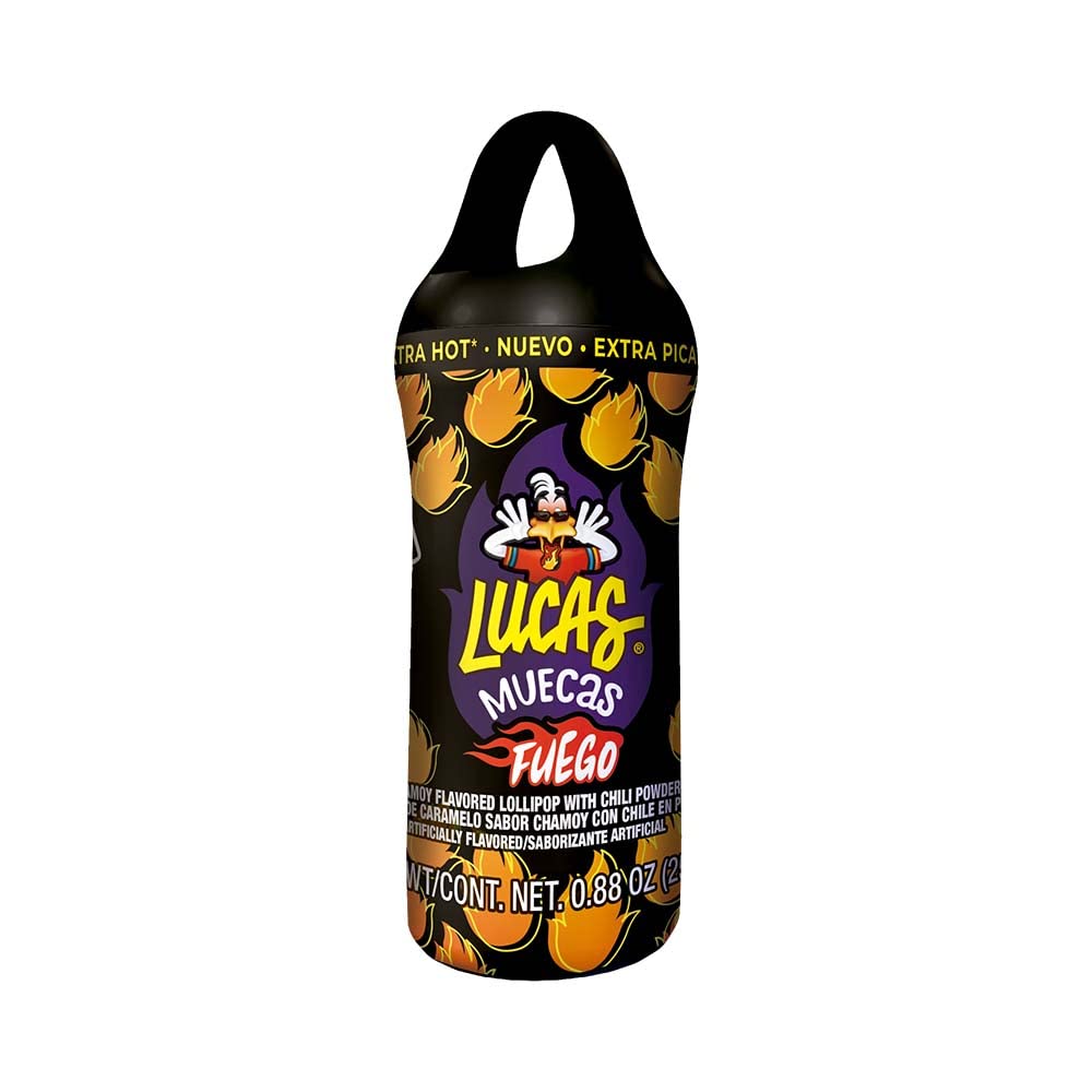 Lucas Muecas Fuego Lollipop Chamoy Flavor Extra Hot Candy, 0.96oz - 10 Pieces Pack for Treats, Snack, Parties, Piñatas