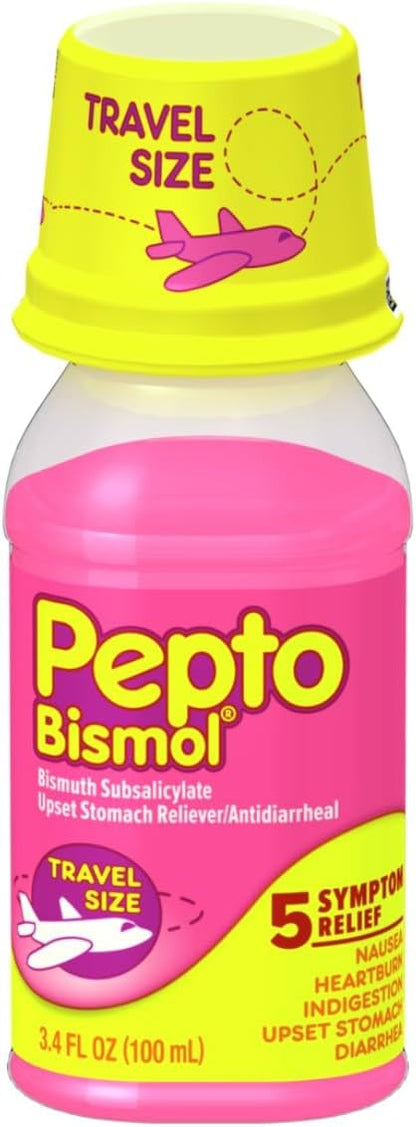 Pepto Bismol Liquid for Nausea, Heartburn, Indigestion, Upset Stomach, and Diarrhea Relief, Original Flavor 3.4Oz Travel Size