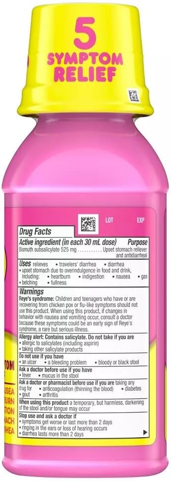Pepto Bismol 5 Symptoms Digestive Relief Liquid, Original, 8 Ounces (Pack of 4)