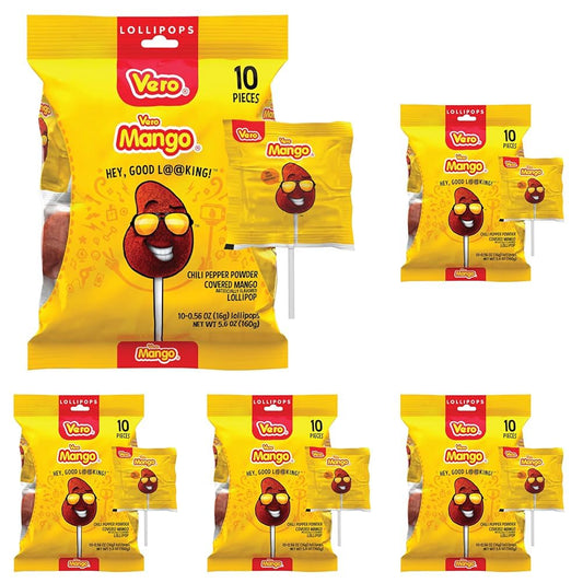 Vero Mango Lollipops Coated with Chili Powder, Hot and Sweet Candy Treat, Artificially Flavored, Net Wt. 5.6 Ounces, 10 Count Bag (Pack of 5)