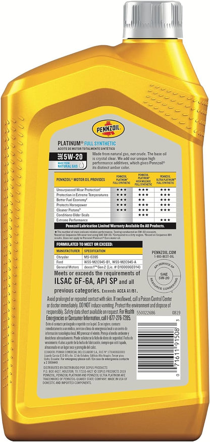 Pennzoil Platinum Full Synthetic 5W-30 Motor Oil (1-Quart, Case of 6)