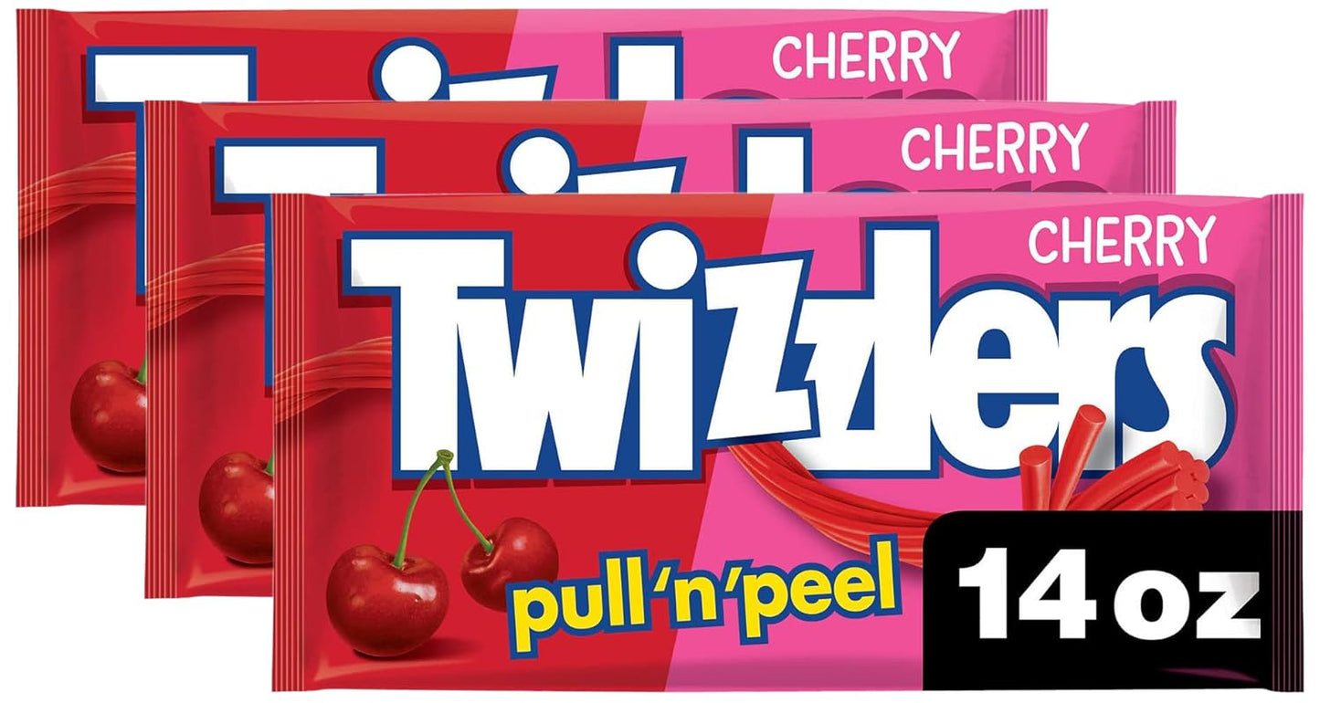 TWIZZLERS PULL 'N' PEEL Cherry Flavored Licorice Style, Low Fat Candy Bag, 14 oz (Pack of 3)