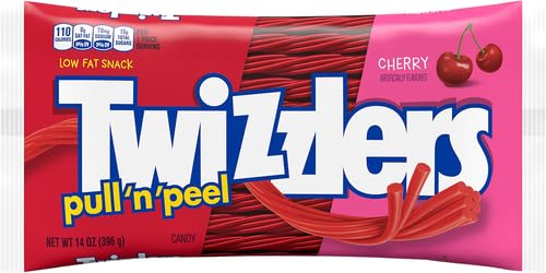 TWIZZLERS PULL 'N' PEEL Cherry Flavored Licorice Style, Low Fat Candy Bag, 14 oz (Pack of 3)