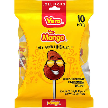 Vero Mango Flavored Lollipops Coated with Chili Powder 10 Count Bag (Net Wt. 5.6 Ounces) - Individually Wrapped Mexican Candy for Piñatas, Halloween, and More.