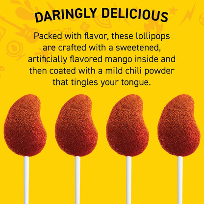 Vero Mango Flavored Lollipops Coated with Chili Powder 10 Count Bag (Net Wt. 5.6 Ounces) - Individually Wrapped Mexican Candy for Piñatas, Halloween, and More.