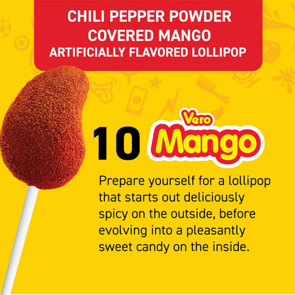 Vero Mango Flavored Lollipops Coated with Chili Powder 10 Count Bag (Net Wt. 5.6 Ounces) - Individually Wrapped Mexican Candy for Piñatas, Halloween, and More.