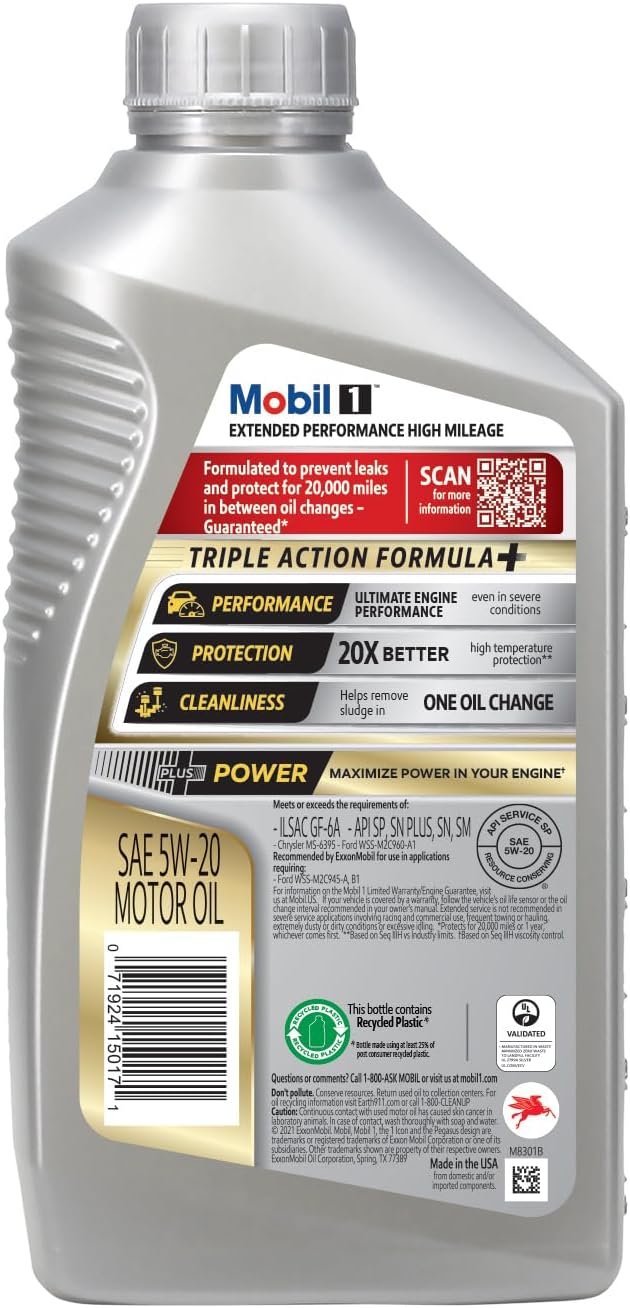 Mobil 1 Extended Performance High Mileage Full Synthetic Motor Oil 5W-20, 1 Quart (6-pack)
