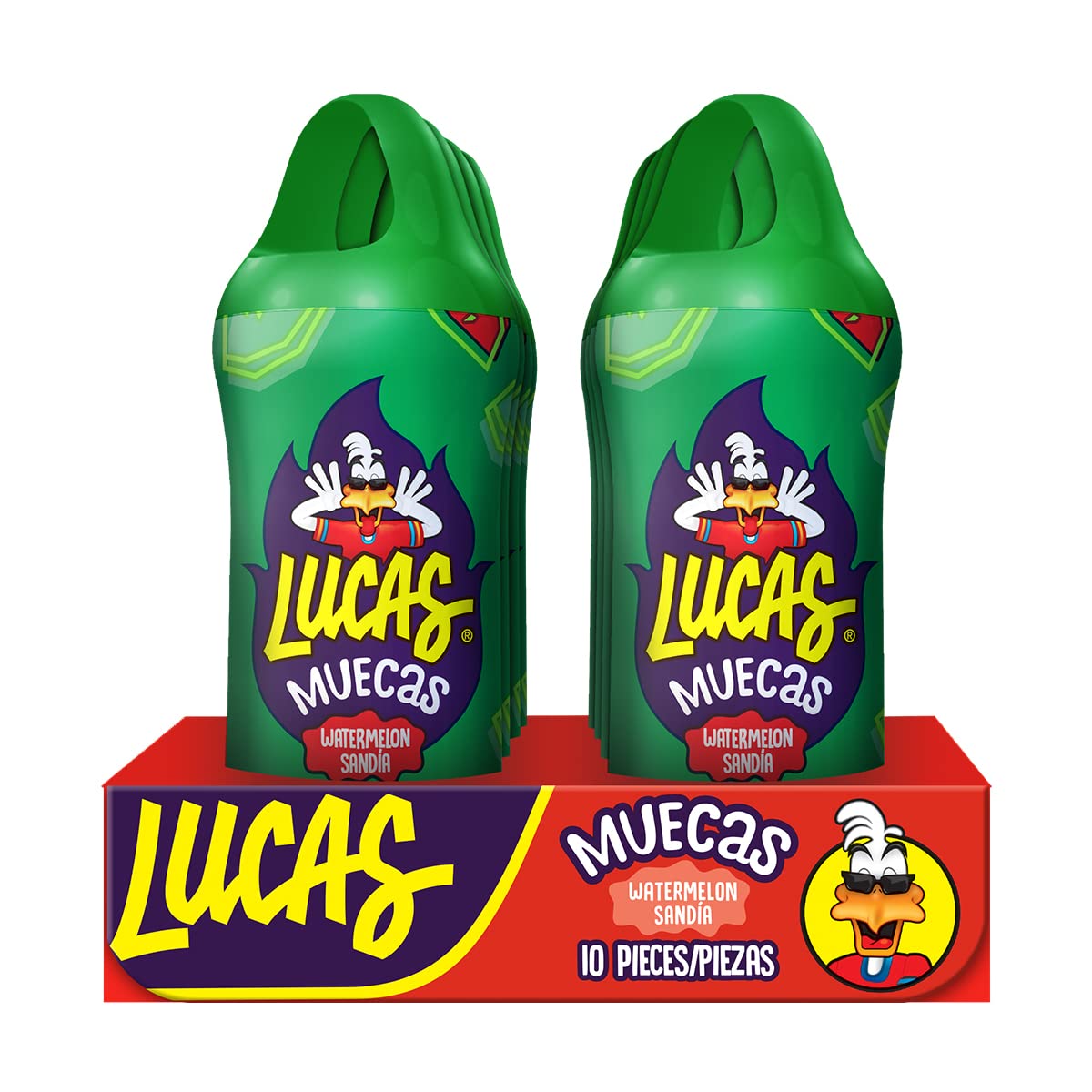 Lucas Muecas Lollipop Watermelon Flavor Candy, 0.96oz - 10 Pieces Pack for Treats, Snack, Parties, Piñatas