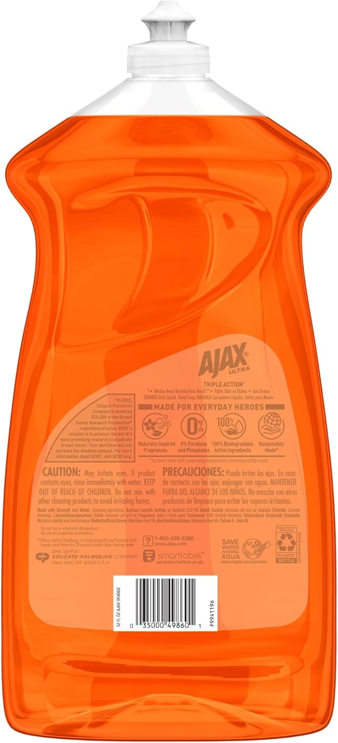 Ajax Triple Action Orange Dish Liquid - 52 fl. oz. Bottles - Liquid - 52 fl oz (1.6 quart) - 6 / Carton - Orange