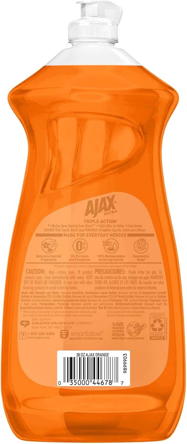 AJAX Ultra Triple Action Liquid Dish Soap - Liquid - 28 fl oz (0.9 Quart) - Citrus Scent - 9 / Carton - Orange