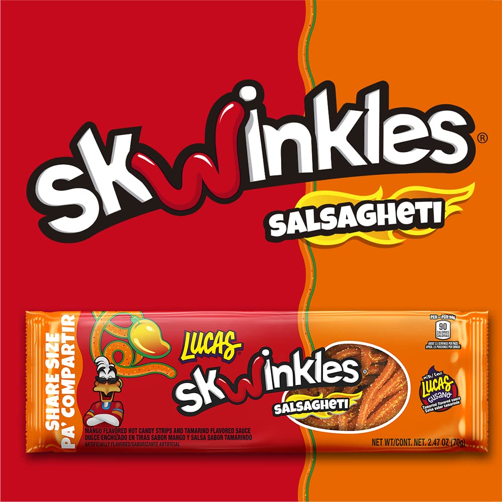 Lucas Salsagheti Mango Flavored Hot Candy Strips and Tamarind Flavored Sauce, King Size 2.4 oz - 6 Pieces Pack for Treats, Snack, Parties, Piñatas