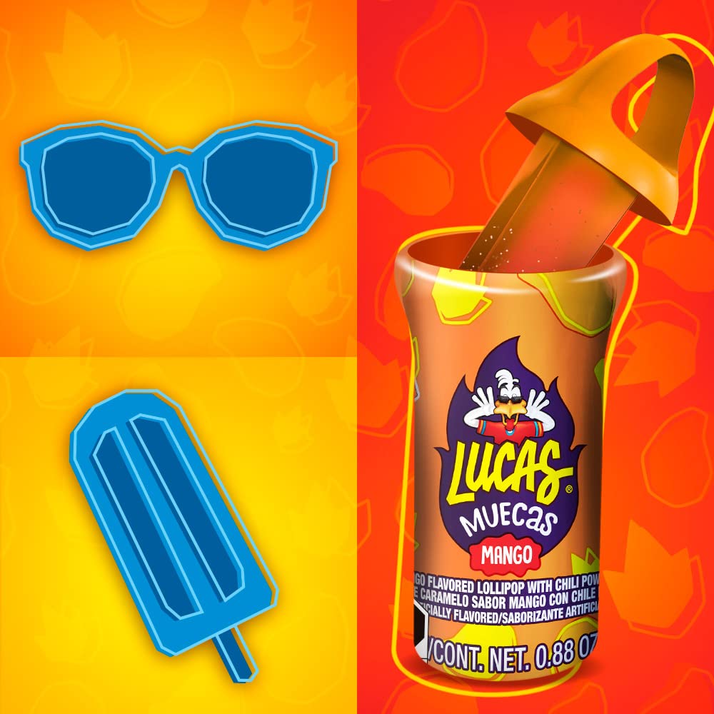 Lucas Muecas Lollipop Mango Flavor Candy, 0.96oz - 10 Pieces Pack for Treats, Snack, Parties, Piñatas
