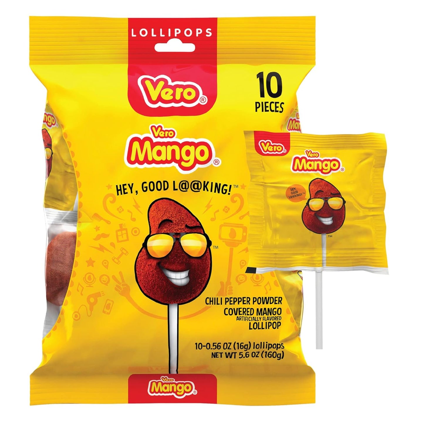 Vero Mango Lollipops Coated with Chili Powder, Hot and Sweet Candy Treat, Artificially Flavored, Net Wt. 5.6 Ounces, 10 Count Bag