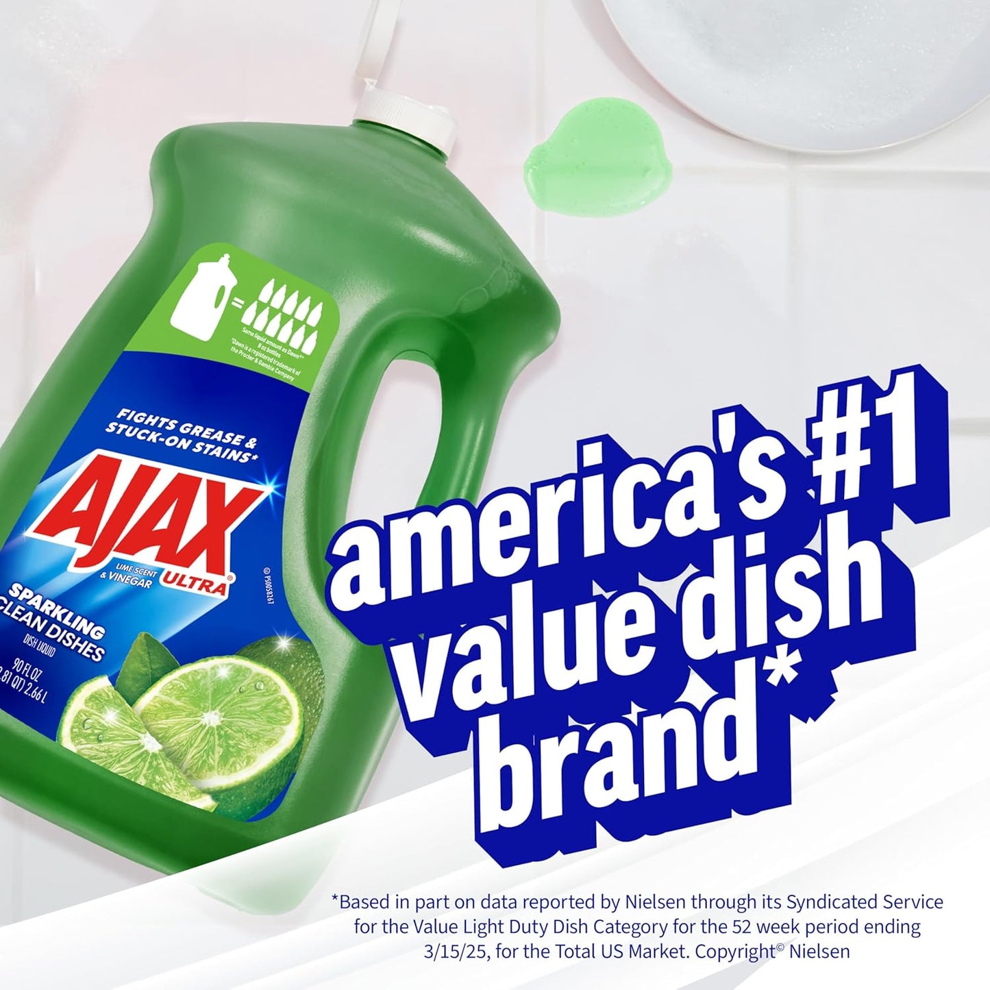 Ajax Ultra Liquid Dish Soap Vinegar and Lime Scent, Sparkling Clean Dishes, 90 fl oz Bottle