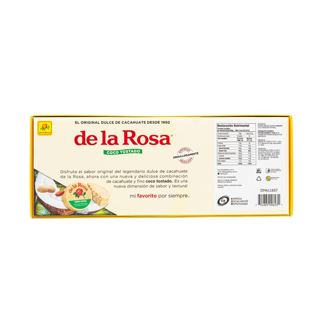 Mazapan Toasted Coconut De La Rosa (30 Pieces) 630 grams the traditional and classical well know Marzipan with a tropical twist Mexican candy fancy snacks soft tasty delicious