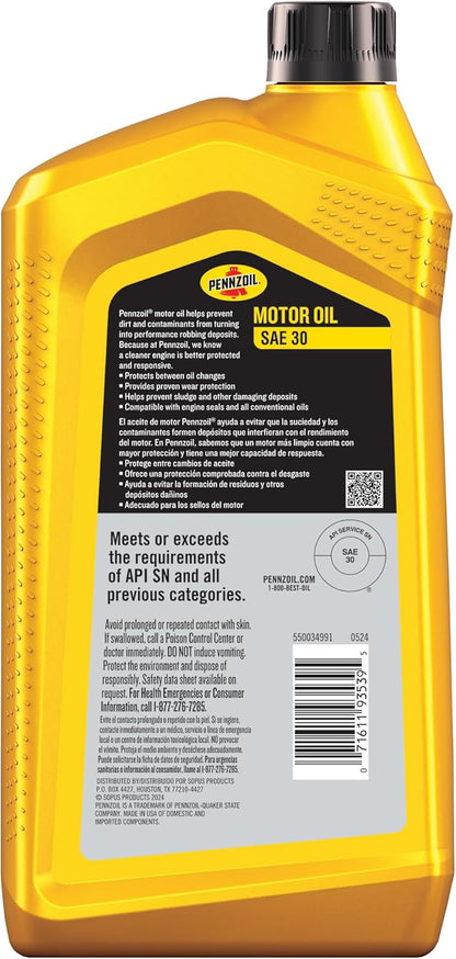 Pennzoil Motor Oil SAE 30 Motor Oil, 1 Quart (6 Pack)