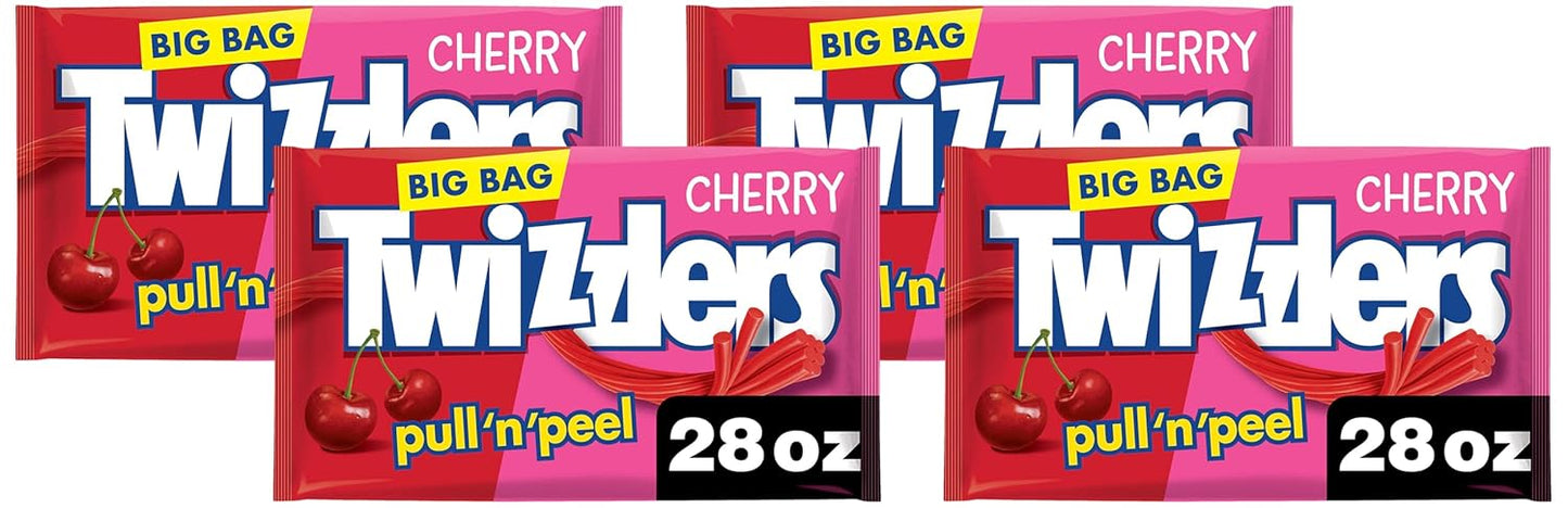 TWIZZLERS PULL 'N' PEEL Cherry Flavored Licorice Style, Low Fat Candy Big Bag, 28 oz (Pack of 4)