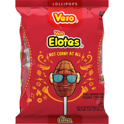 Vero Elotes Strawberry Flavored Lollipops Coated with Chili Powder 40 Count Bag (Net Wt. 22.4 Ounces) - Corn Shaped Mexican Candy - Individually Wrapped Lollipops for Piñatas, Halloween, and More.