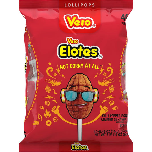 Vero Elotes Strawberry Flavored Lollipops Coated with Chili Powder 40 Count Bag (Net Wt. 22.4 Ounces) - Corn Shaped Mexican Candy - Individually Wrapped Lollipops for Piñatas, Halloween, and More.