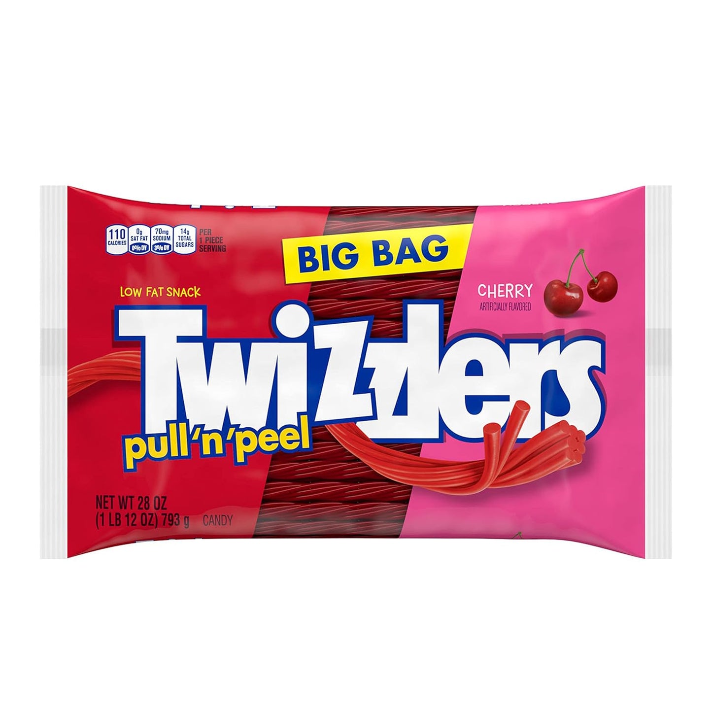 TWIZZLERS PULL 'N' PEEL Cherry Flavored Licorice Style, Low Fat Candy Big Bag, 28 oz (Pack of 4)