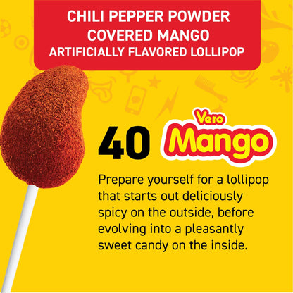 Vero Mango Candy Lollipops with Chili Pepper Powder, 40 Count Bag
