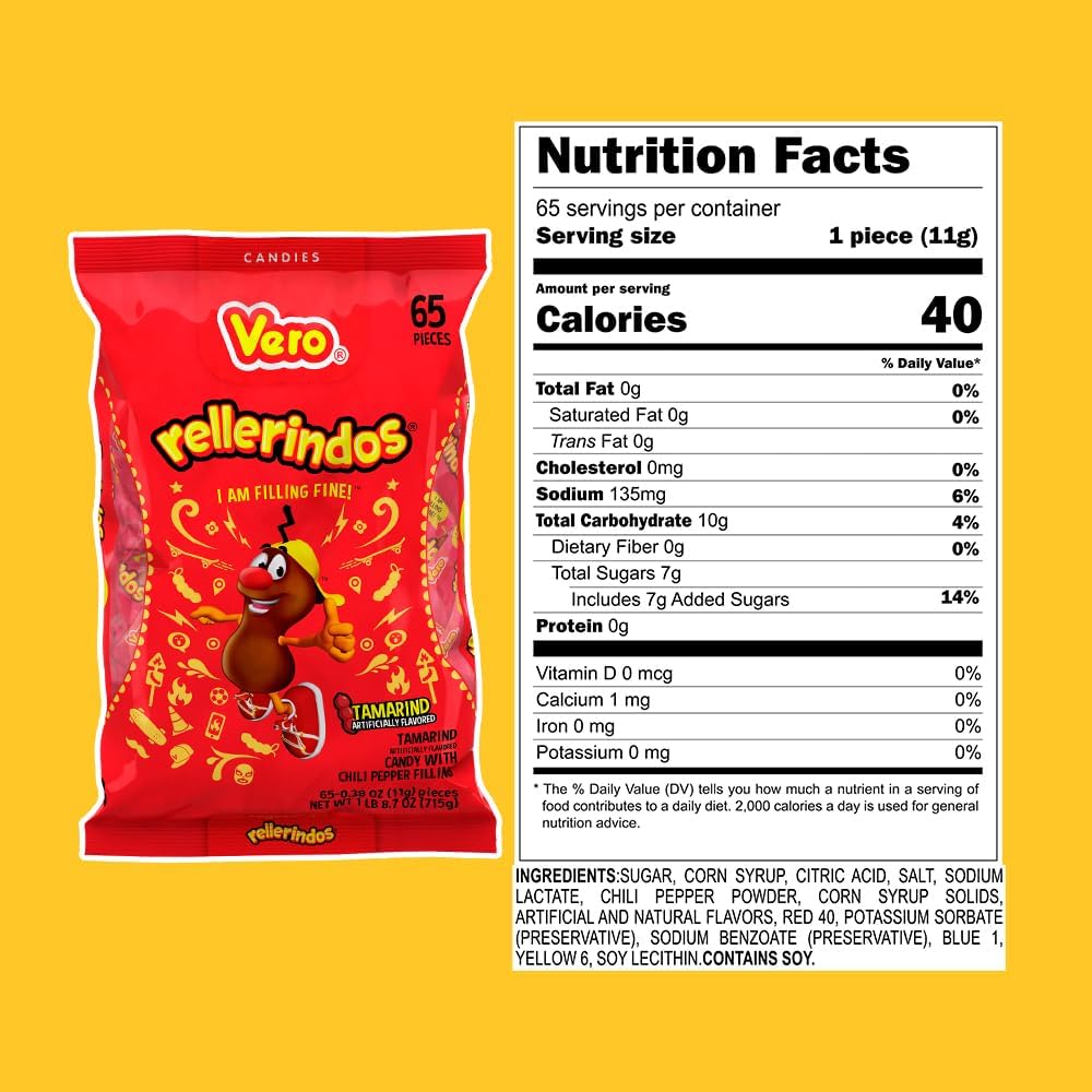 Vero Rellerindos - Tamarind Flavor Hard Candy (65 Units) - Authentic Mexican Candy, Individually Wrapped Hard Candy Pack Perfect for Parties, Piñatas, and Snacks