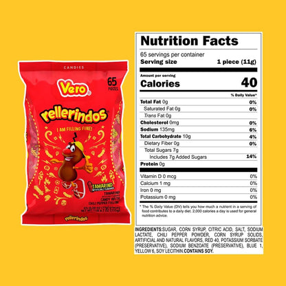Vero Rellerindos - Tamarind Flavor Hard Candy (65 Units) - Authentic Mexican Candy, Individually Wrapped Hard Candy Pack Perfect for Parties, Piñatas, and Snacks