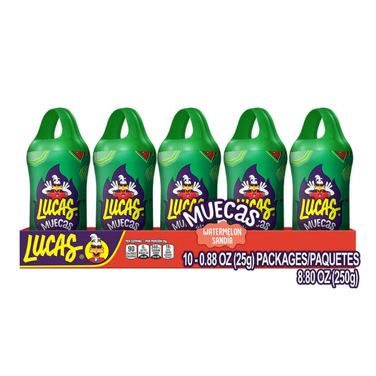 Lucas Muecas Lollipop Watermelon Flavor Candy, 0.96oz - 10 Pieces Pack for Treats, Snack, Parties, Piñatas