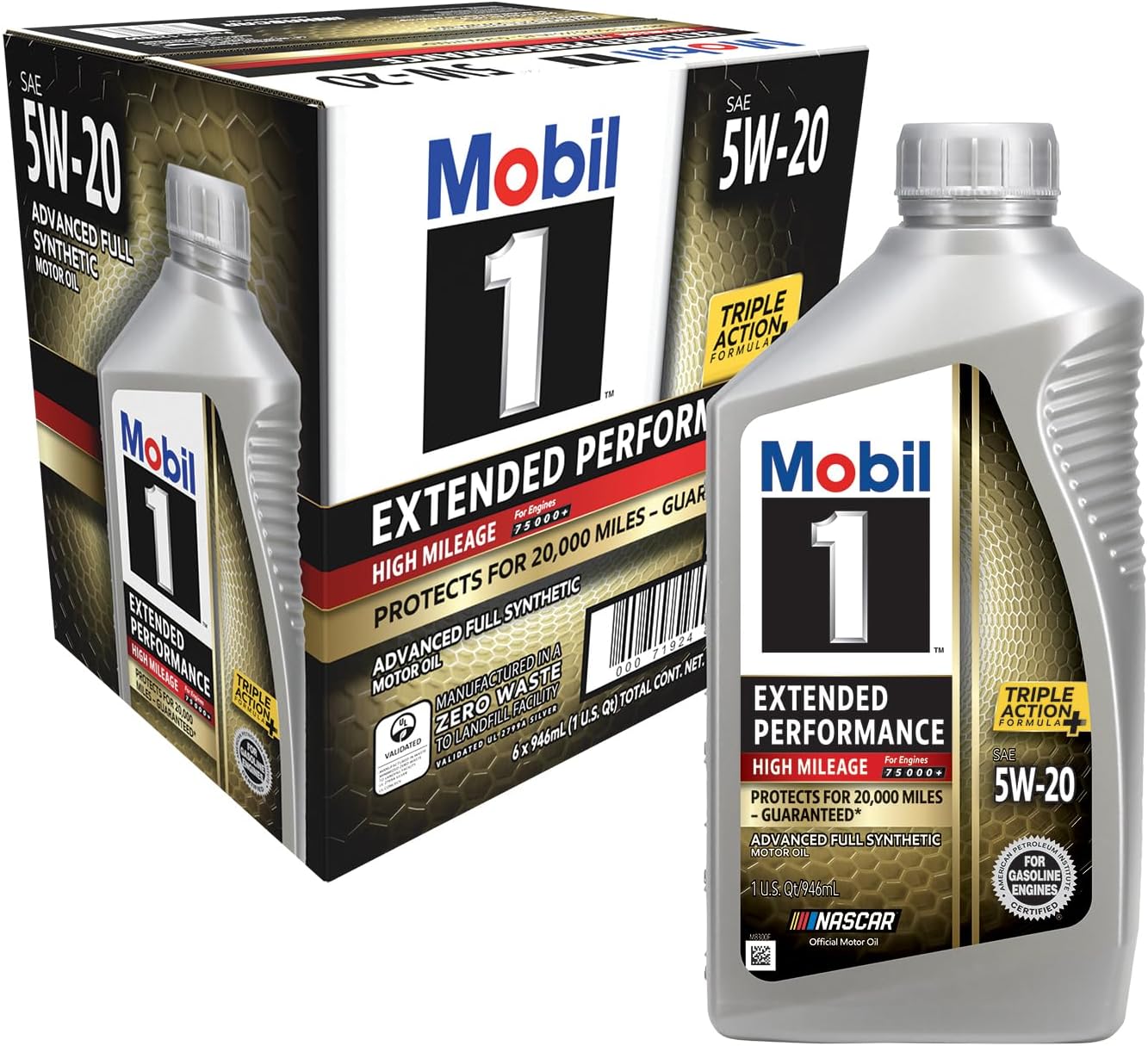 Mobil 1 Extended Performance High Mileage Full Synthetic Motor Oil 5W-20, 1 Quart (6-pack)