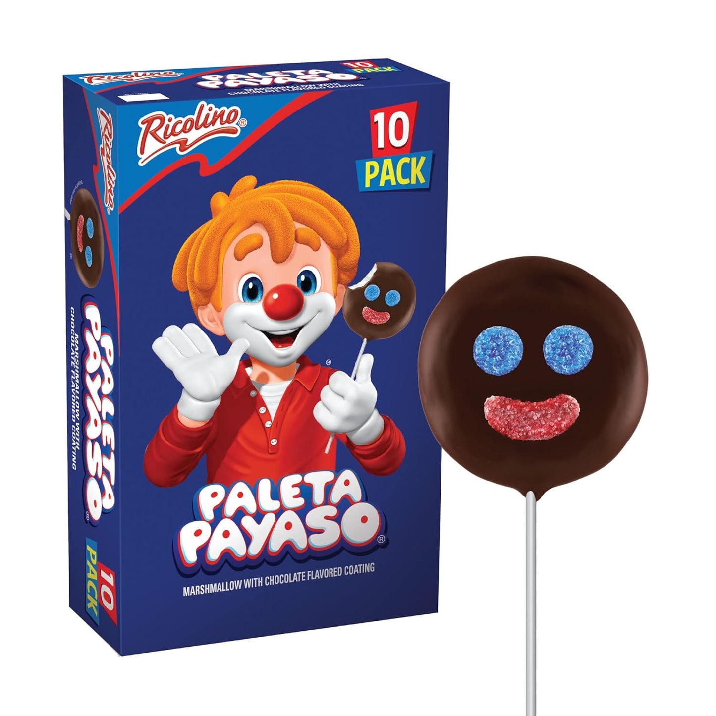 Ricolino Paleta Payaso Marshmallow Lollipops with Chocolate Flavored Coating, 6 Packs, 10 Count Each, Net Weight of 5 Pounds 14.8 Ounces,10 Count (Pack of 6)