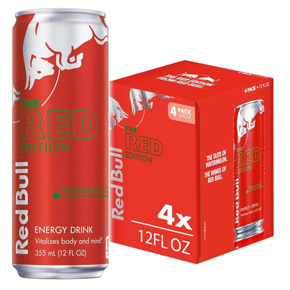 Red Bull Red Edition Energy Drink, Watermelon, with 114mg Caffeine plus Taurine & B Vitamins, 12 Fl Oz, Pack of 4 Cans