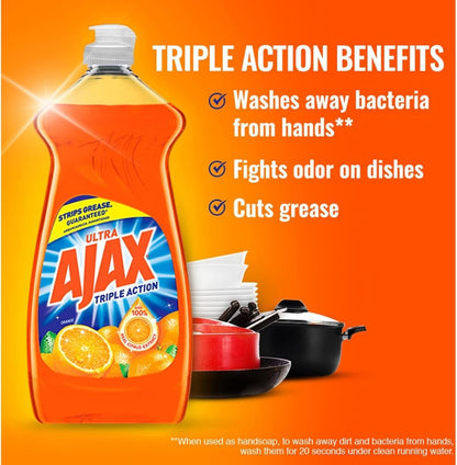 AJAX Ultra Triple Action Liquid Dish Soap - Liquid - 28 fl oz (0.9 Quart) - Citrus Scent - 9 / Carton - Orange