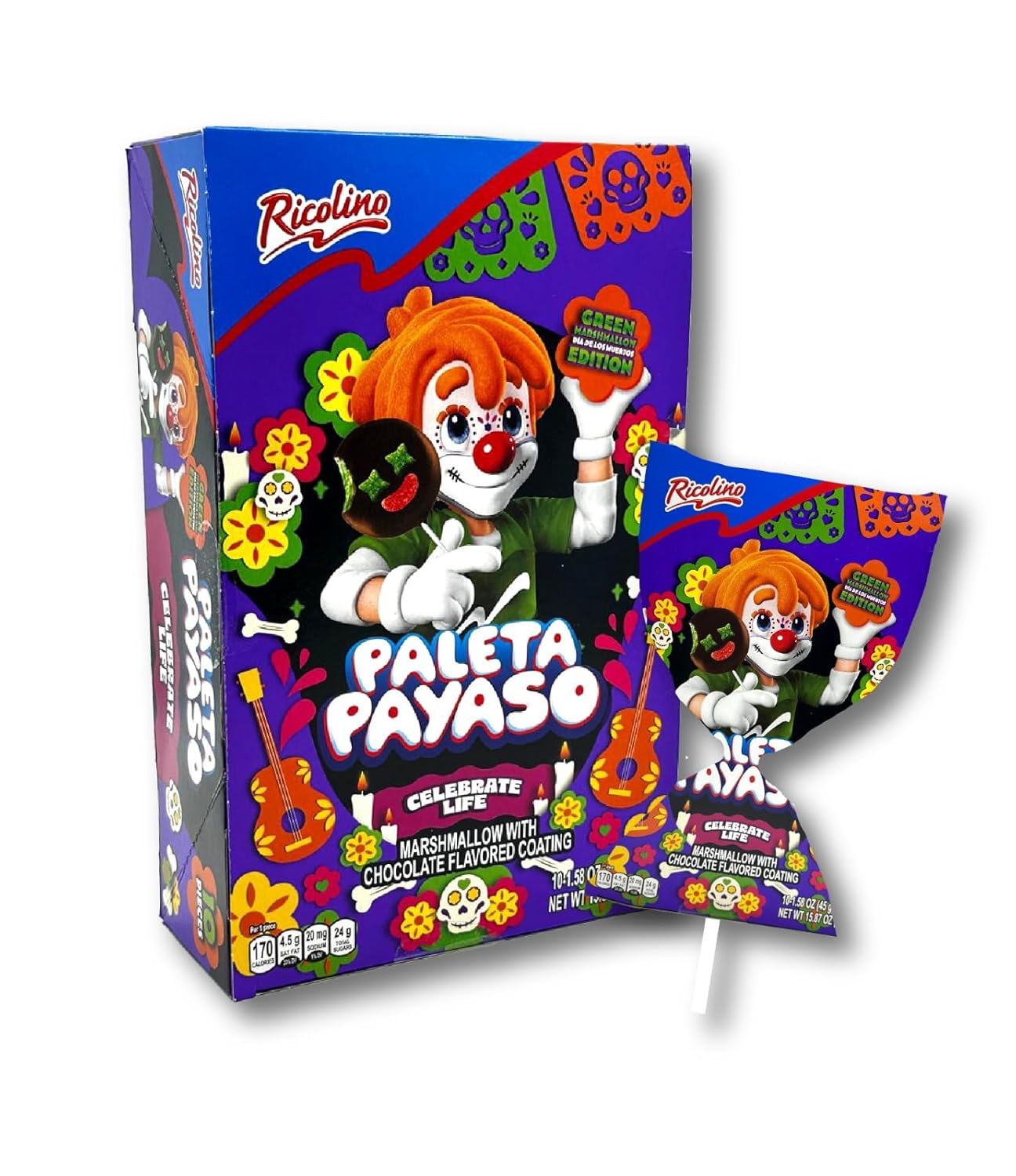 Ricolino Paleta Payasusto 10 ct Box, Chocolate Flavored Marshmallow Lollipop