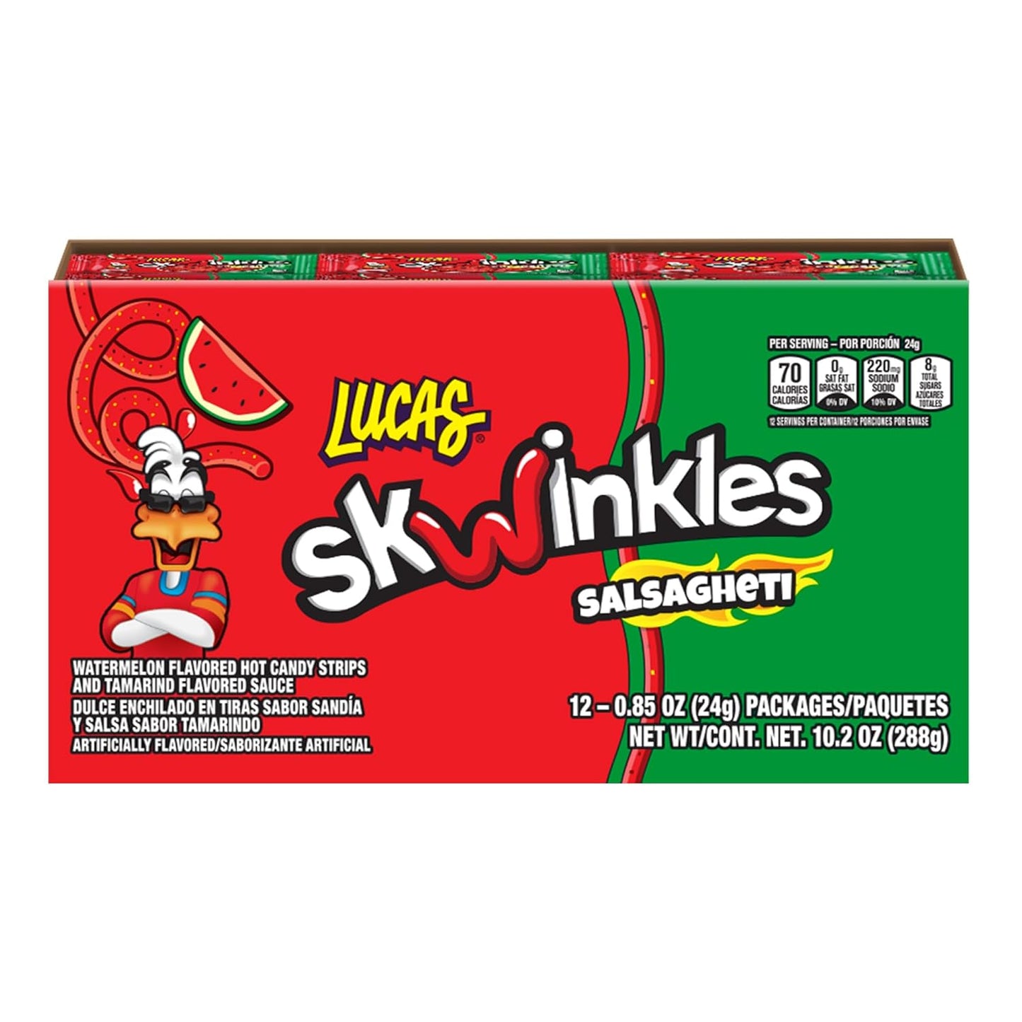 Lucas Salsagheti Watermelon Flavored Hot Candy Strips and Tamarind Sauce, 0.84 oz - 12 Pieces Pack for Treats, Snack, Parties, Piñatas,0.84 Ounce (Pack of 12)