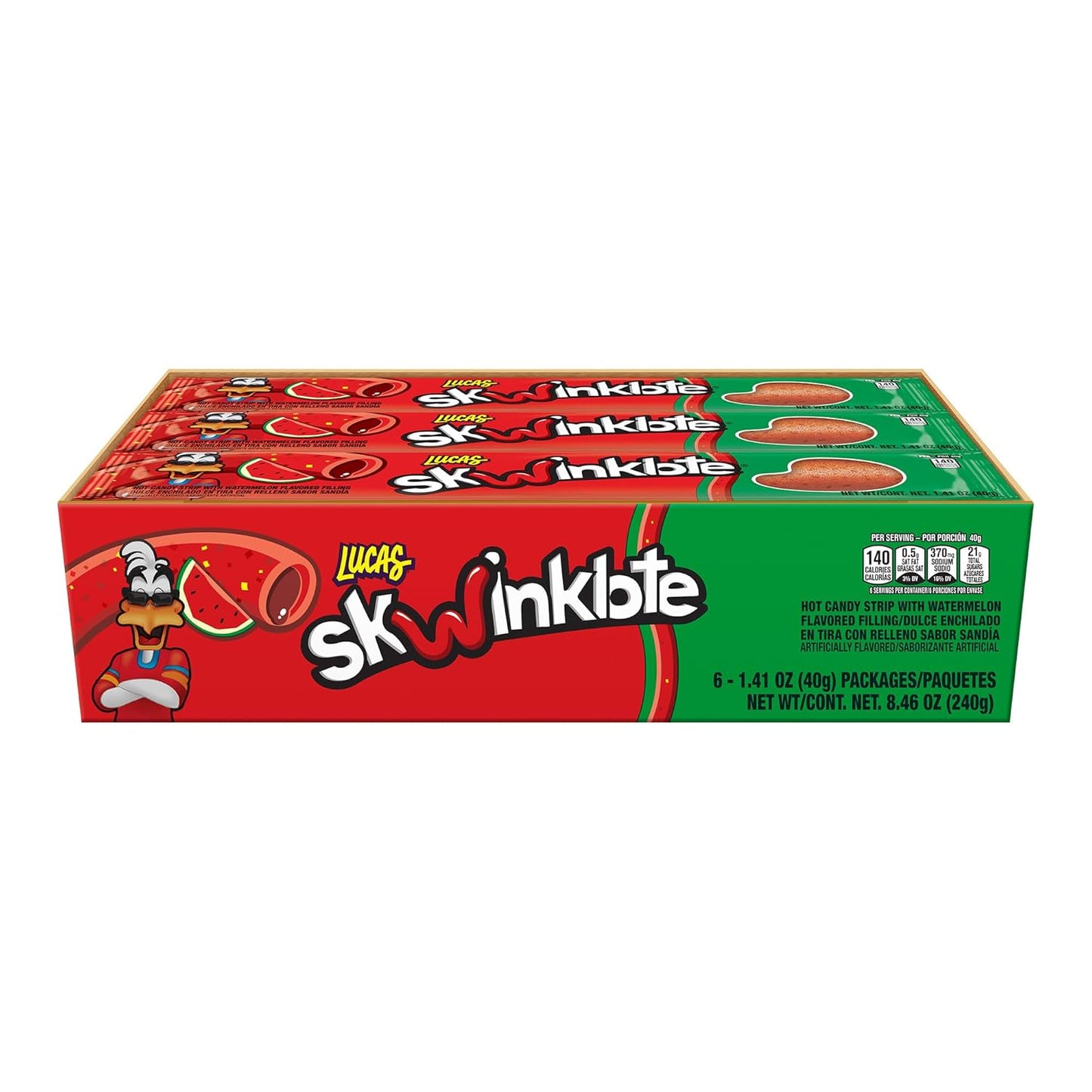 Lucas Skwinklote Watermelon Flavor Sweet and Sour Candy Strip, 1.41oz - 6 Pieces Pack for Treats, Snack, Parties, Piñatas