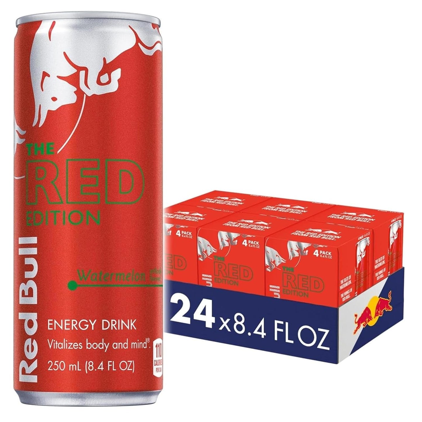 Red Bull Red Edition Energy Drink, Watermelon, with 80mg Caffeine plus Taurine & B Vitamins, 8.4 Fl Oz, 6 Packs of 4 Cans (Pack of 24)