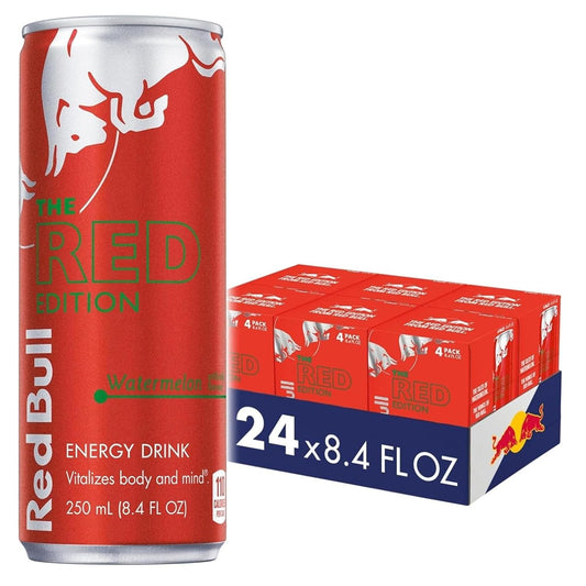 Red Bull Red Edition Energy Drink, Watermelon, with 80mg Caffeine plus Taurine & B Vitamins, 8.4 Fl Oz, 6 Packs of 4 Cans (Pack of 24)