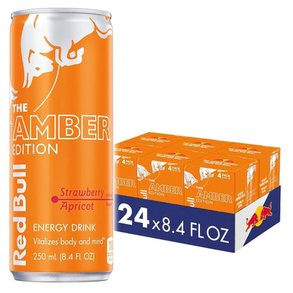 Red Bull Amber Edition Energy Drink, Strawberry Apricot, with 80mg Caffeine plus Taurine & B Vitamins, 8.4 Fl Oz, 6 Packs of 4 Cans (Pack of 24)