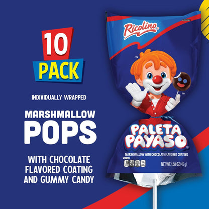 Ricolino Paleta Payaso Marshmallow Lollipops with Chocolate Flavored Coating, 6 Packs, 10 Count Each, Net Weight of 5 Pounds 14.8 Ounces,10 Count (Pack of 6)