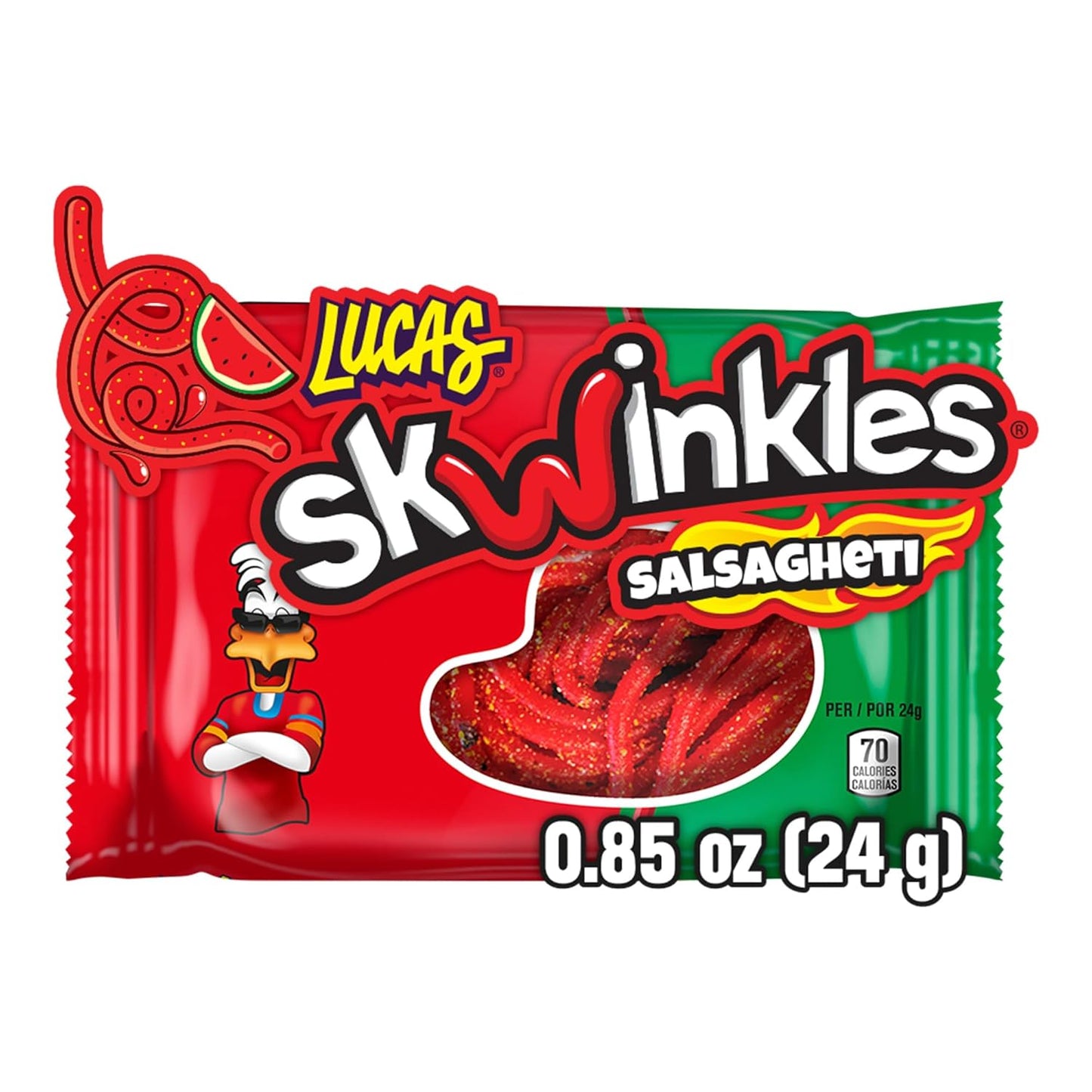 Lucas Salsagheti Watermelon Flavored Hot Candy Strips and Tamarind Sauce, 0.84 oz - 12 Pieces Pack for Treats, Snack, Parties, Piñatas,0.84 Ounce (Pack of 12)